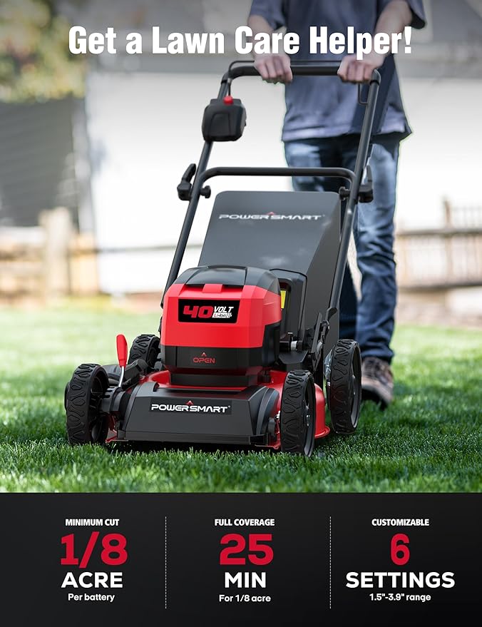 PowerSmart 40V 17" Brushless Cordless Lawn Mower + Leaf Blower (465 CFM), a 4.0Ah Battery and Charger Included