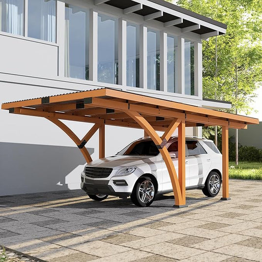 18.3 x 12.6 x 7.7 FT Curved Carport, Wood Outdoor Gazebo Pavilion with Hardtop Sloped Steel Roof, Heavy Duty Waterproof Car Port for Backyard, Patio, Deck and Lawn