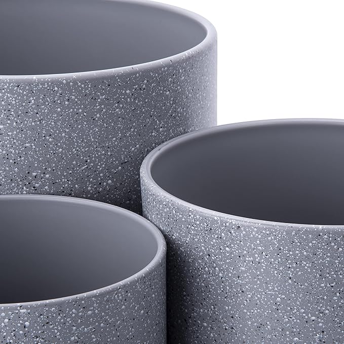 D'vine Dev 6.5 Inch 8 Inch 10 Inch, Set of 3 Plastic Planter Pots for Plants with Drainage Hole and Seamless Saucer, Speckled Gray Color, Large, 74-V-G-4