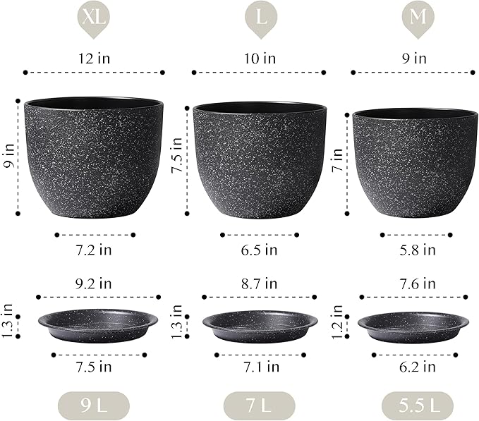 Giraffe Creation 12/10/9 Set of 3 Speckled Black Plant Pots, Modern Indoor & Outdoor Planters with Drainage Holes and Saucers