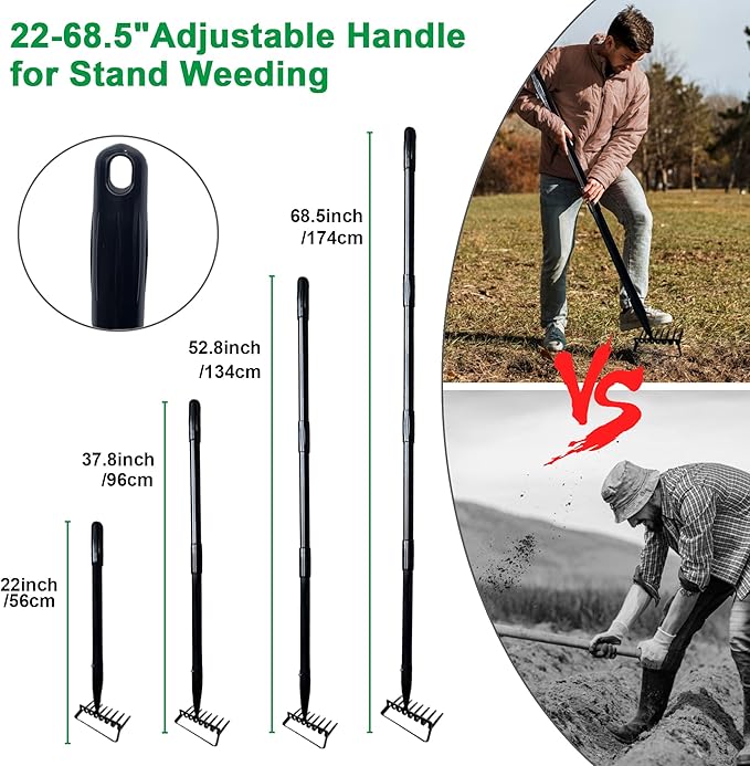 8-Tines Rake and Stirrup Hoe, Metal Garden Hula Hoes Tiller Rake Tool with Adjustable Long Handle, Action Scuffle Loop Hoe for Weeding, Digging, Loosening Soil