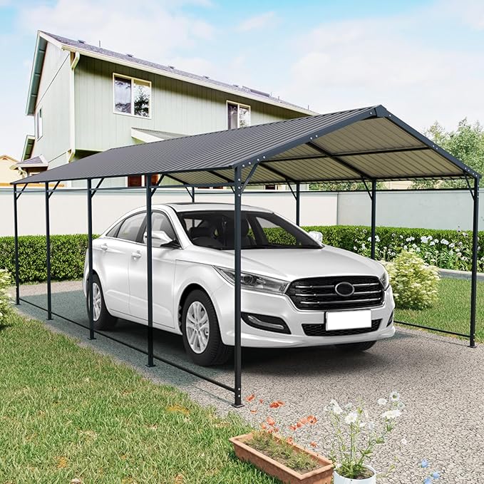 Carport, Heavy Duty Carport with Galvanized Steel Roof and Frame, Metal Large Garage with 4 Fixed Inclined Square Tube Supports (12 * 21 FT)