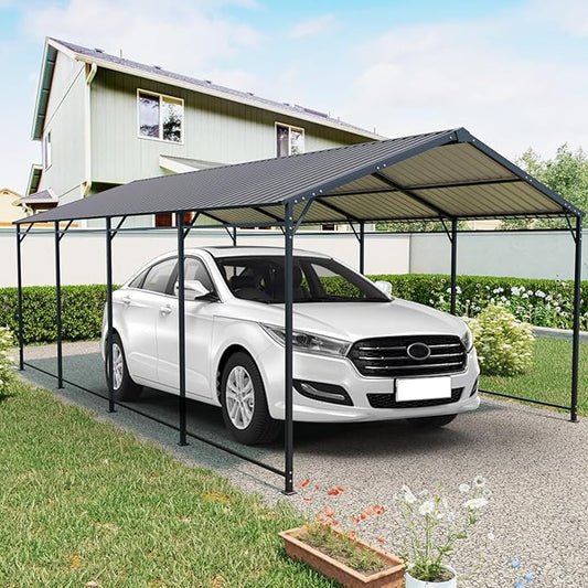 Carport, Heavy Duty Carport with Galvanized Steel Roof and Frame, Metal Large Garage with 4 Fixed Inclined Square Tube Supports (12 * 21 FT)