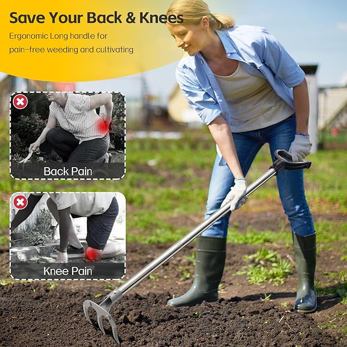 Potato Hand Rake Garden Tool - 47" Long Handle Cultivator Weeding Rakes, 3-Tine Heavy Duty Carbon Steel with D Grip for Grass Root Digging,Soil Loosening,Dirt Turning