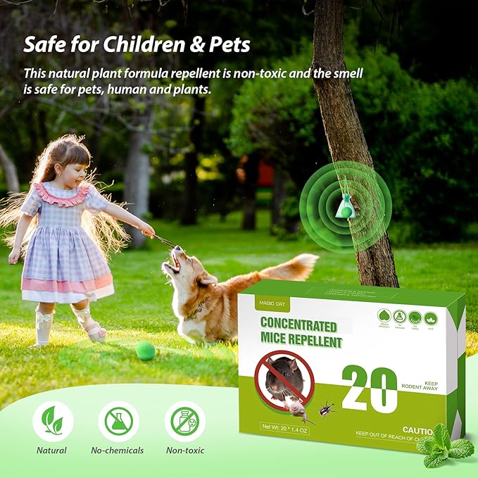 MAGIC CAT Rodent Repellent 20 Pack, Natural Peppermint Oil to Repel Mice & Rats for House Pet Family Safe, Rat Deterrent Mouse Stopper for Closet Garage Boat Car RV Truck Indoor Outdoor Rodent Control