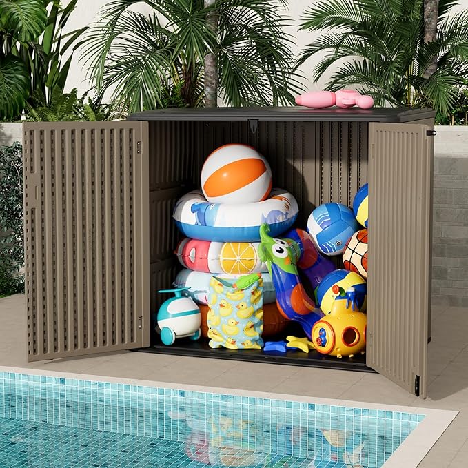 ZZM Large Outdoor Storage Shed, 48 Cu Ft Resin Versatile Storage Cabinet for Patio Accessories, Trash Cans & Garden Tools, Durable Horizontal Storage Box with Lockable Lid (Coffee)