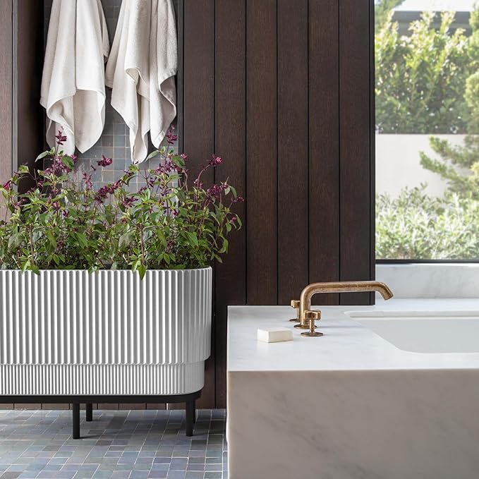 Veradek Demi Series Raised Long Planter for Indoor/Outdoor Use | Made from Plastic & Stone w/Wooden Stand | Modern Patio Décor for Flowers/Shrubs