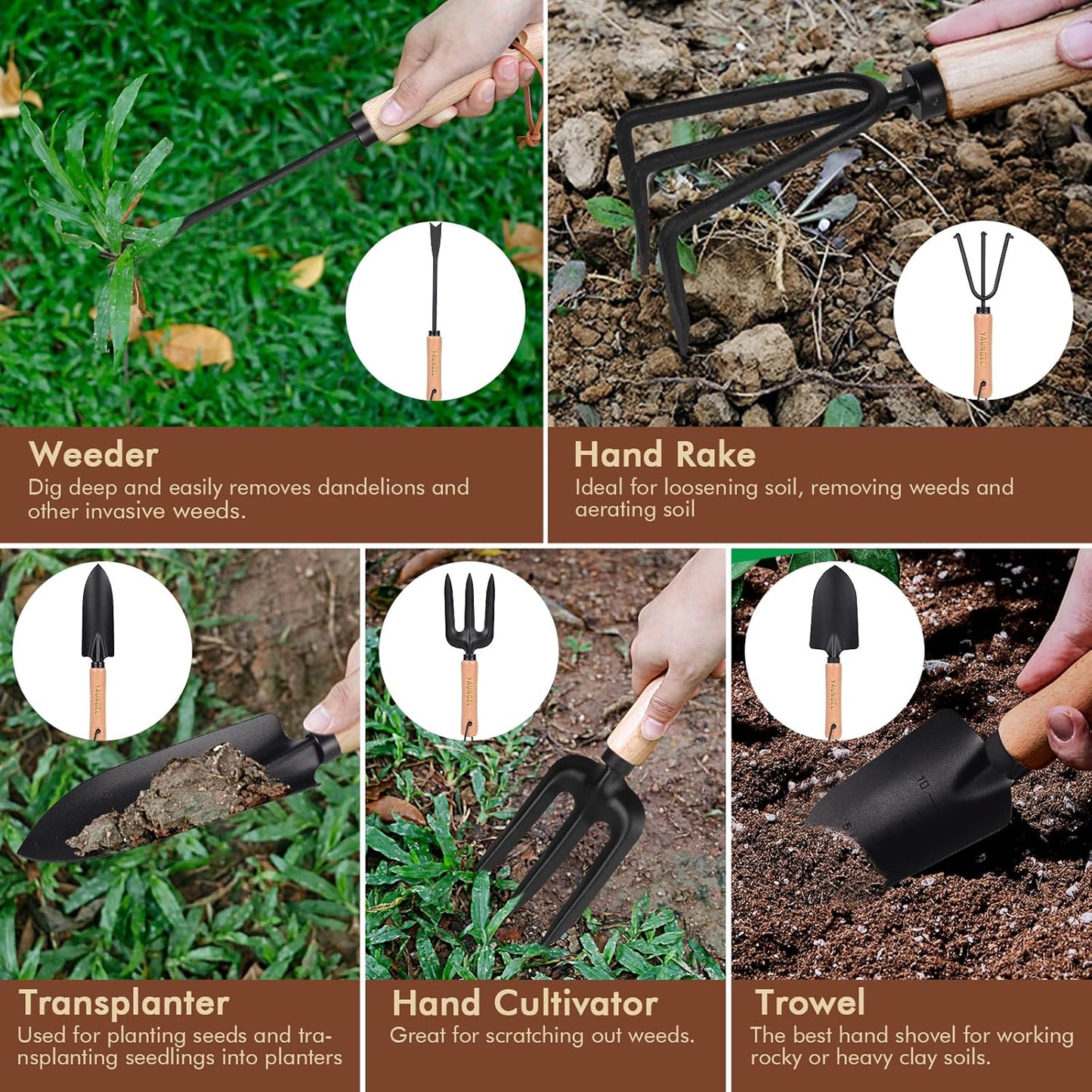 YAUNGEL Garden Tools - 10Pcs Garden Tool Set Heavy Duty Stainless Steel Gardening Supplies Hand Tools with Wooden Handle, Storage Tote Bag, Ideal Gardening Gifts for Women and Men, Black