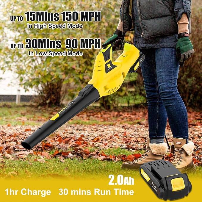 21V Leaf Blower Cordless | Handheld Electric Lightweight Blower with 2.0Ah Rechargeable Battery & Fast Charger | Adjustable Speeds, Portable Design for Lawn, Patio, Yard, Sidewalk Cleaning