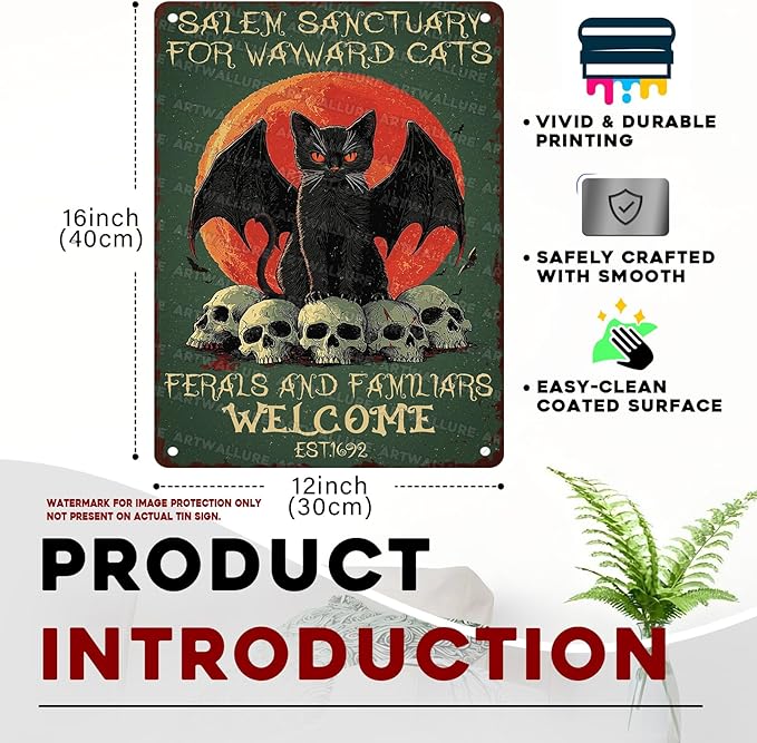 Salem Sanctuary Black Cat Metal Tin Sign Halloween Decor Vintage Gothic Decor Retro Wall Art Rustic Tin Plaque For Home Bar Cat Lovers 12x16inch