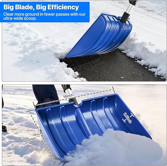 Ergonomic Snow Shovel for Driveway and Car, 51 Inch Long Heavy Duty Snow Shovels for Snow Removal with Assist Handle, Large Capacity Lightweight Winter Tool for Garage, Camping