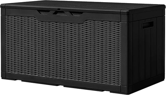 Greesum 100 Gallon Resin Deck Box Large Outdoor Storage, Imitation Rattan Weave Texture for Patio Furniture, Garden Tools, Pool Supplies, Weatherproof and UV Resistant, Lockable, Dark Black