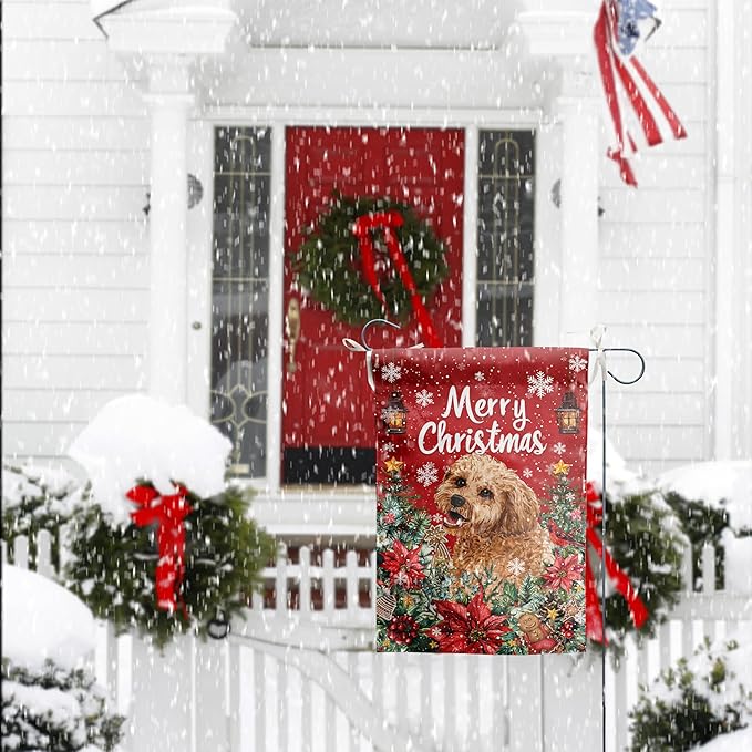 Christmas Golden Doodle Garden Flag Merry Christmas Dog Yard Flag for Outside Xmas Flags 12x18 Double Sided Red Poinsettia Garden Flags Winter Porch Decorations Outdoor