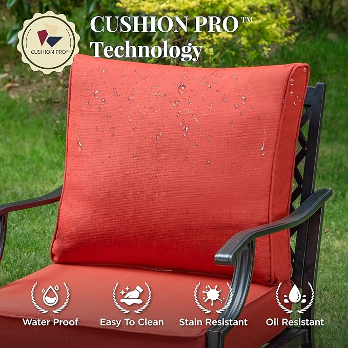 Patio Furniture Set, 6 Pcs Metal Outdoor Conversation Set, 2 Rocker Chairs, 2 Ottomans and 3 Seater Sofa with 5.75" Extra Thick Cushion and Gas Fire Pit Table, Red