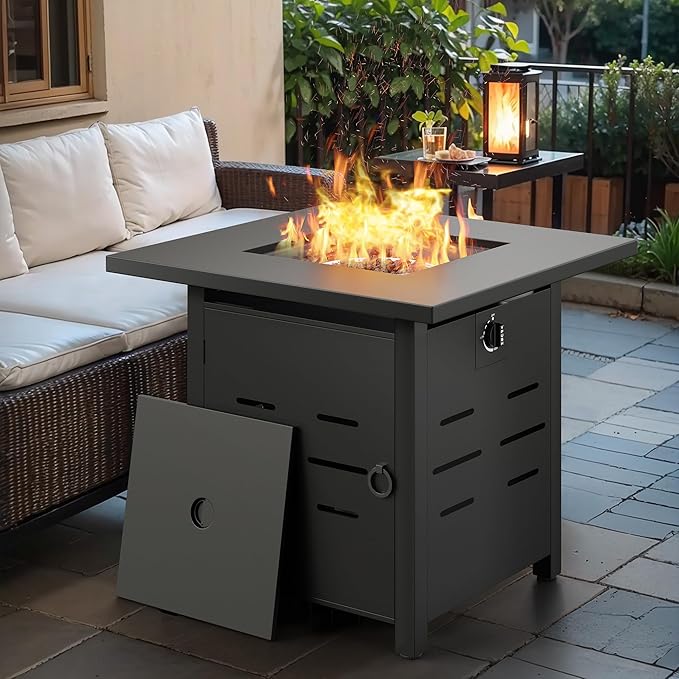 Vongrasig 28 Inch Gas Fire Pit, 50,000 BTU Propane Fire Pits for Outside, Steel Square Fire Table with Lid and Lava Rock, Patio Deck Garden Backyard