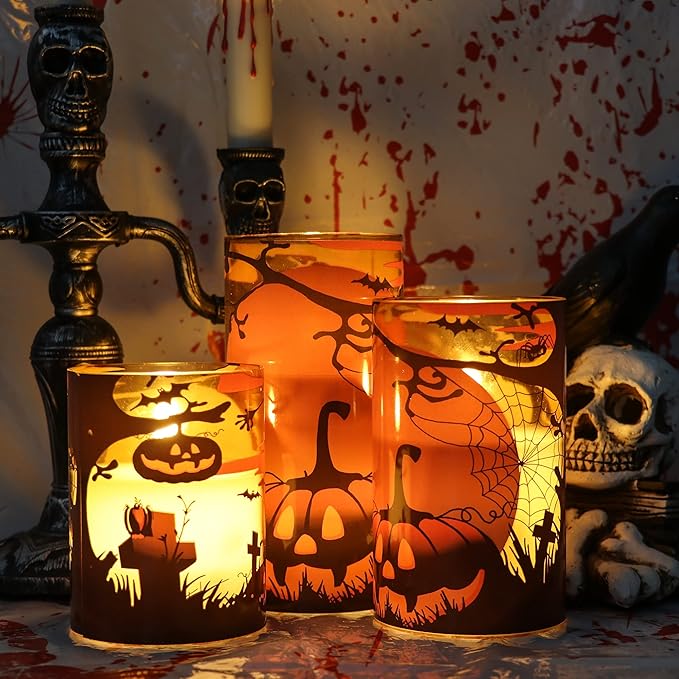 Eldnacele Halloween Flameless Candles with Remote Pumpkin, Spider Web Decal and Castle Decals Battery Operated Real Wax Flickering Glass Pillar Candle for Spooky Halloween Decor 3 Pack