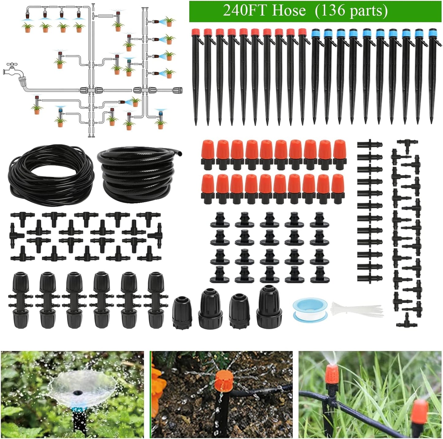 240FT Drip Irrigation System Kit, Automatic Garden Watering Misting System for Greenhouse, Yard, Lawn, Plant with 1/2 inch Hose 1/4 inch Distribution Tubing and Accessories