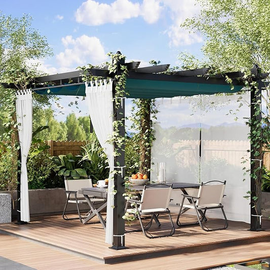 10x10 Ft Outdoor Aluminum Pergola, Upgraded Grey Retractable Pergola with Adjustable Roof & Side Mesh Screen, Modern Metal Patio Gazebo for Deck, Backyard, Porch, Vineyards, Blue + White