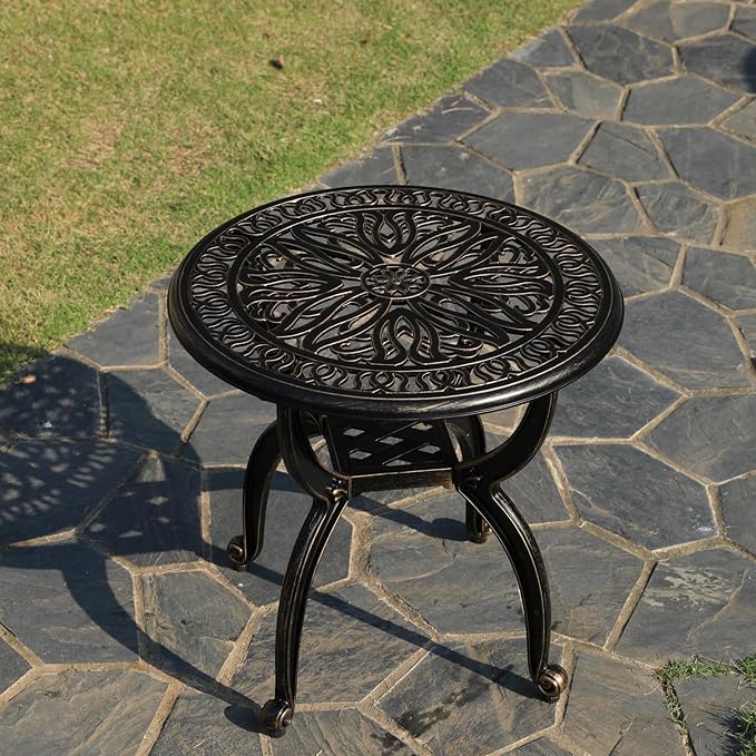 KAILI Outdoor Cast Aluminum Side Table Patio Side Table Backyard, Pool, Indoor, Easy Maintenance and Weather Resistant Coffee Table Porch Table Bistro Table (18.5round-Bronzed)
