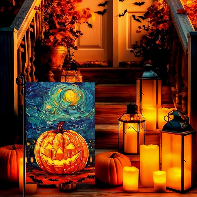 Halloween Garden Flag Pumpkin Van Gogh Arts Yard Flag Arts Starry Night Sky Moon Bat Double Sided House Banner Fall Oil Paintitng Porch Patio Lawn Farmhouse Outside Decor 12 x 18 Inch