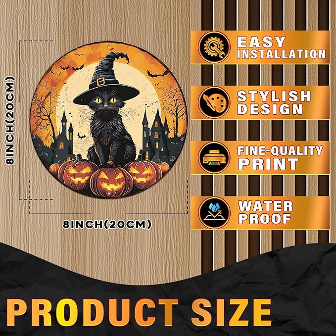 PEACHGARDEN Round Black Cat With Bats On Pumpkin Vintage Sign Halloween Metal Tin Sign for Home Bar Kitchen Hotel Dining Room Coffee 8x8inch