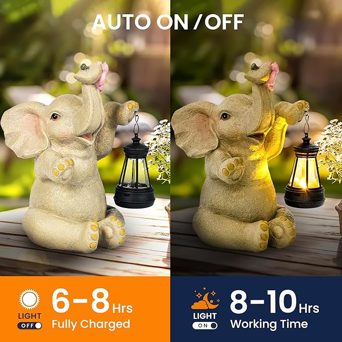 GIGALUMI Solar Garden Statues Elephant with Lantern Elephant Gifts for Women Birthday Gifts for Mom. Elephants Figurine Solar Garden Decor Outdoor Statues for Yard, Patio, Balcony, Lawn, Pond