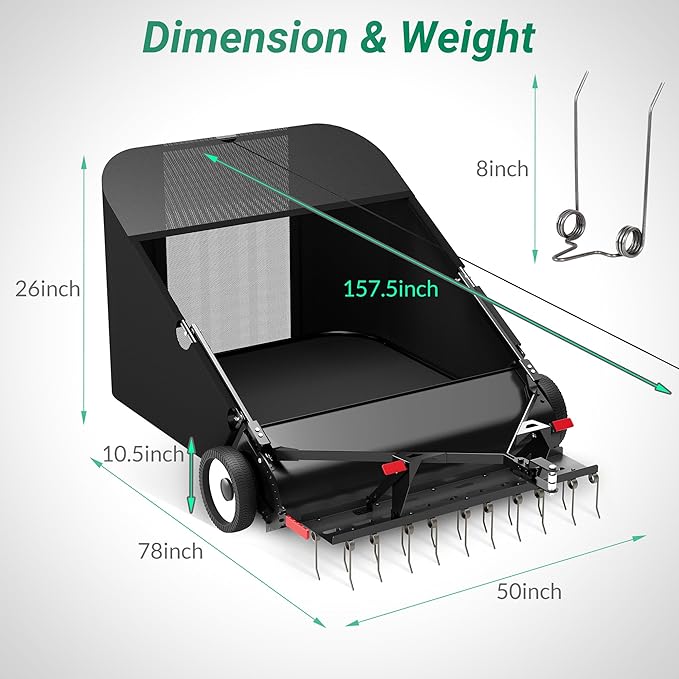 Suchtale 42" Tow Behind Lawn Sweeper with Dethatcher – 21 Cu. Ft. Leaf Collector with Adjustable Sweeping Height, Large Hamper Windscreen for Lawn, Yard, & Artificial Grass, Tractor/Mower Attachments