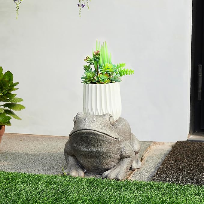 Glitzhome MGO Frog Garden Statue or Planter Stand Indoor and Outdoor Decoration, 15.25" L