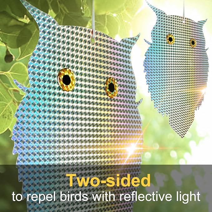 OFFO Owl Decoy to Scare Birds Away (No Bells) Bird Deterrent Device for Woodpecker Pigeon 2 PCS Plastic Hanging Outdoors Reflective Keep Birds Away Home and Garden