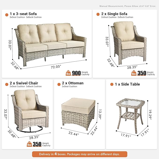 8 Pieces Patio Outdoor Furniture Set with Swivel Rocking Chairs,All Weather Wicker Rattan Patio Seating Sofa and Chair Set w/Ottoman,Outdoor Conversation Sets for Deck Yard Garden,Beige