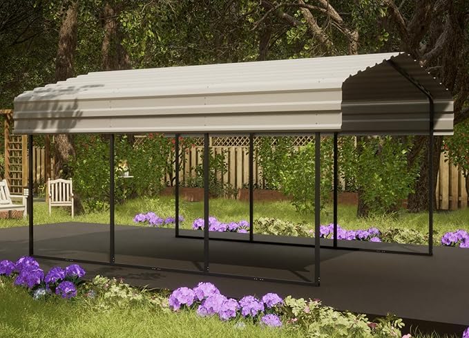 Carport 10 x 15 x 7 ft Eggshell Sturdy All-Steel Heavy Duty Canopy Shelter with Metal Frame for Parking a Car, SUV, Truck, Boat, Motorcycle, and Other Vehicles Outdoor in Your Driveway