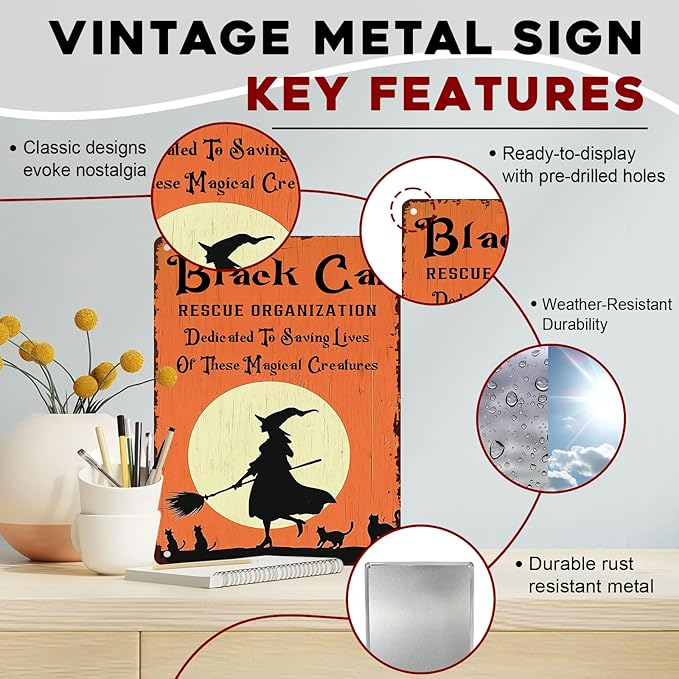 Black Cats Rescue Halloween Decor Vintage Metal Tin Sign Rustic Wall Art Gothic Home Decor Tin Plaque Retro Metal Poster for Bar Cafe 12x16inch