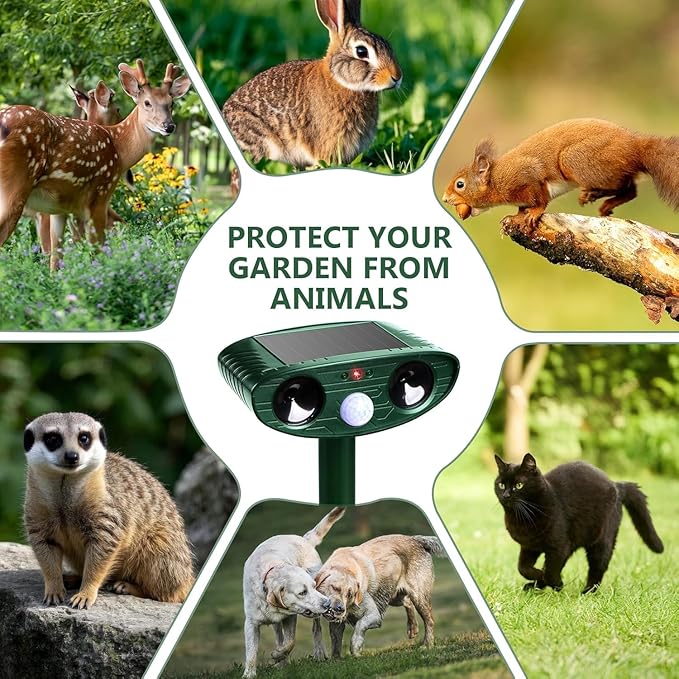 2 Pack 2025 Upgraded Solar Ultrasonic Animal Repellent Outdoor Deer Repellent Devices Motion Detection Waterproof Cat Squirrel Mouse Raccoon Dog Repellent Deterrent with Flash Lights for Yard Farm (2)