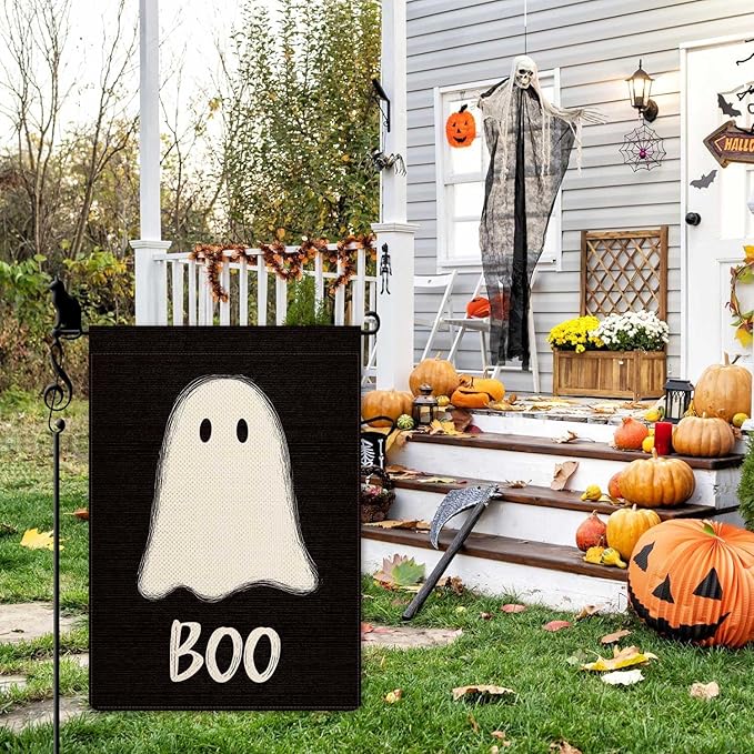 Happy Halloween Boo Garden Flag Cute Ghost Small Flag for Outside Burlap Double Sided Welcome Yard Lawn Decor 12.5x18"