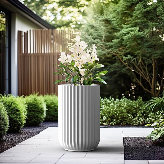 Kante Tall Fulted Planter, 21.7 Inch Tall Round Concrete Plant Pots with Drainage Hole and Rubber Plug, Modern Decor for Indoor Outdoor Plants, Flower, White