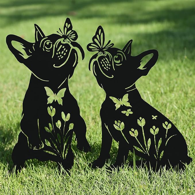 Metal Pug Garden Decor for Outside (2 Pack), 14" Yard Art Stakes,Unique Gift for Kitty Lovers, Outdoor Lawn Statues and Weather Resistant Yard Art