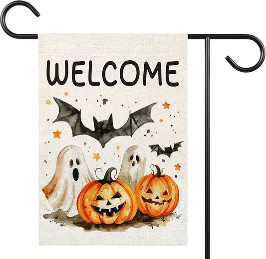 Welcome Halloween Garden Flag for Outside, 12x18 Inch Double Sided Halloween Pumpkin Ghost Bats Yard Flag, Farmhouse Small Yard Flags for Outdoor Decorations, Holiday Decor Gifts-A01