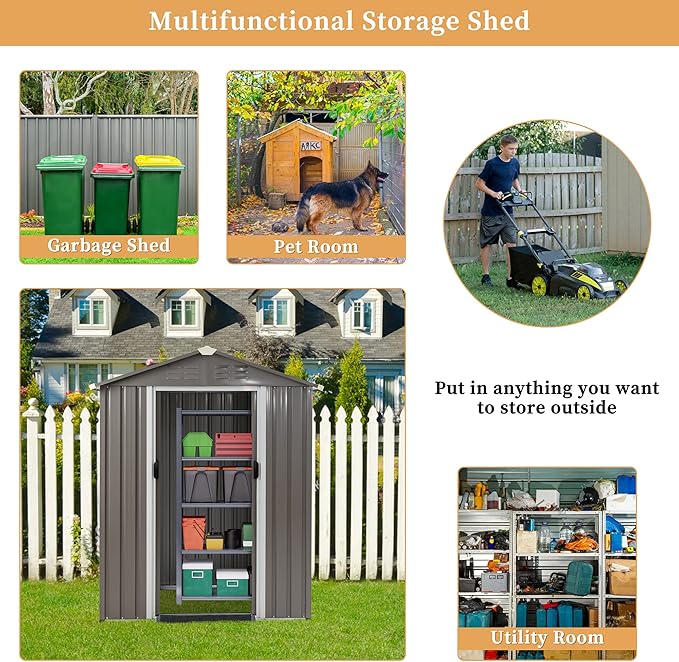 Vongrasig 5 x 3 x 6 FT Outdoor Storage Shed, Metal Tool Shed Clearance Garden Steel Shed with Side Window and Lockable Door Waterproof Tool Shed for Backyard Patio, Lawn (Gray)