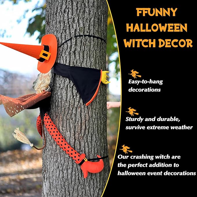 53" Crashing Witch Halloween Decoration – Funny Orange Flying Witch Hanging Prop for Yard, Tree, Porch, Patio, and Fall Outdoor Decor
