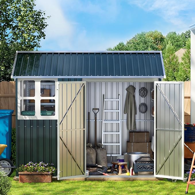 8X6FT Outdoor Steel Storage Shed with Lockable Doors, Frame Floor (No Wood/Other Boards),One Window,Ideal for Garden, Backyard, Patio Storage