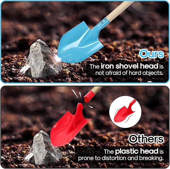 Dsmile 3Pcs Long Beach Shovels 16" Metal Kids Beach Spades Sand Shovels Toys with Wood Handle for Digging Shoveling Snow Sandbox Toys Set for Kids & Adults