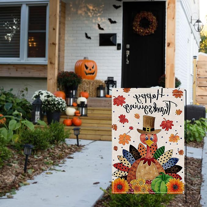Fall Garden Flag 12 x 18 Inch Double Thanksgiving Sided Cute Turkey Maple Leaves Sunflower Designs Autumn Burlap Yard Flag for Outside Rustic Yard Outdoor Holiday Home Decoration