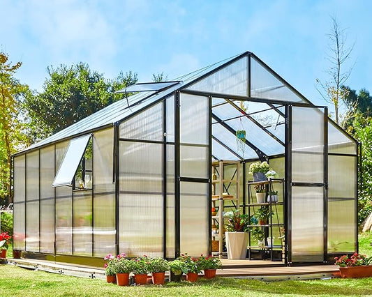 Jocisland 12x13.5x9 Polycarbonate Outdoor Aluminum Greenhouse - Quick Connect Fittings, 6.7 FT Height Bronze Double Doors, 4 Ventilation, Walk In Backyard Garden Greenhouse