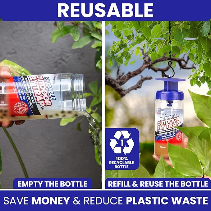 2 Fly Traps Outdoor Fly Trap for Patio with 4 Non-Toxic Dissolvable Bait Refills Plus 5 Sticky Ribbons. Reusable Hanging Bug Catcher Killer for All Filth Flies for Outside Bug Control Yard Ranch.