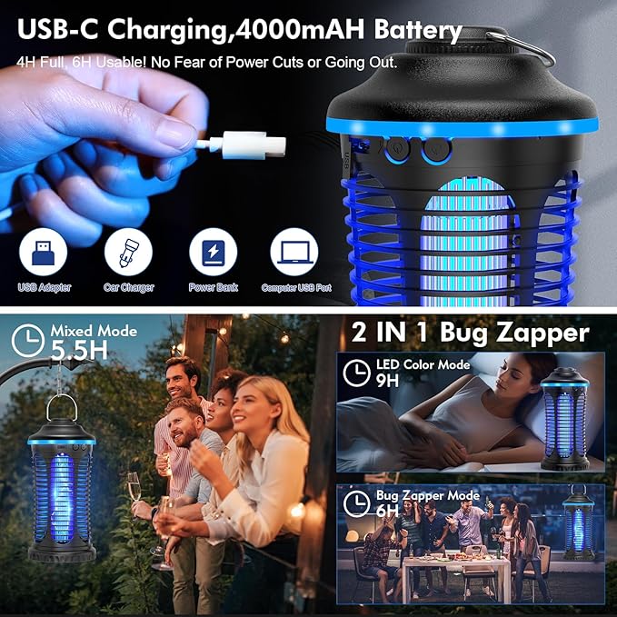 Rechargeable Bug Zapper Outdoor & Indoor, Mosquito Zapper, Fruit Fly Trap, Gnat Moths Catcher, 4200V Grid, USB Charging, 4000mAh Battery, Fit for Home, Kitchen, Backyard, Camping, Patio, Black