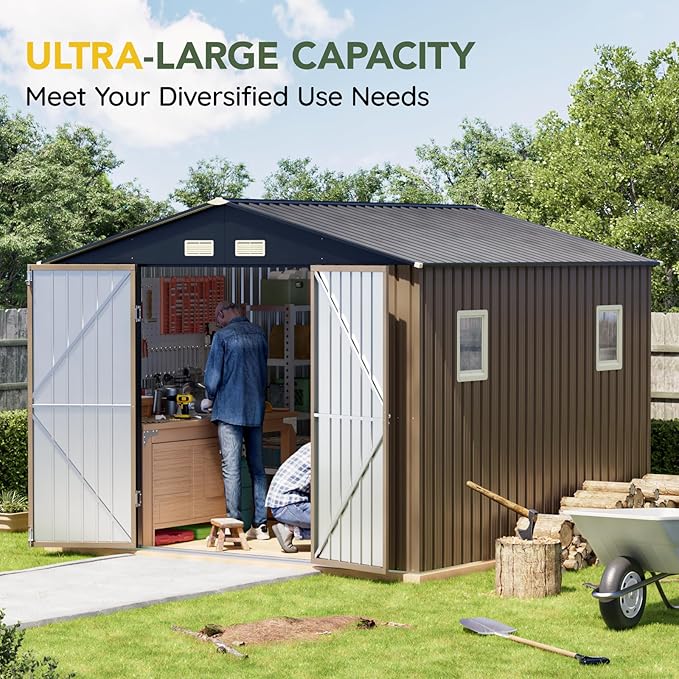 Breezz Outdoor Storage Shed 10 x 10ft. Utility Tool Shed Metal Storage Garden Shed with Lockable Doors & Windows for Patio Storage,Brown