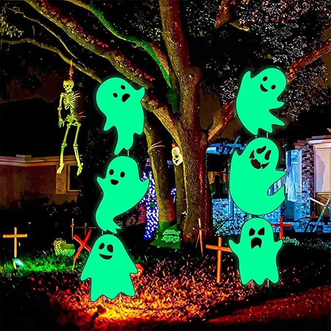 6Pcs Halloween Ghost Yard Stakes Glow in The Dark, 17"x12" Large Light Up Scary Ghost Decorations for Outdoor Lawn, Porch, Cemetery and Indoor Haunted House Displays, Waterproof and Easy Setup