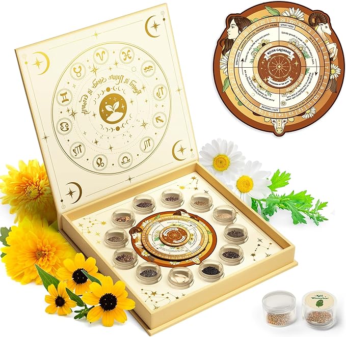 LUSH&DEW Gardening Gift for Women Men, Zodiac Garden Seed Bank, 12 Types Non-GMO Heirloom Vegetable Seeds in Seed Container, Moon Calendar, Witchcraft Magnetic Gift, Earth Signs Taurus Virgo Capricorn