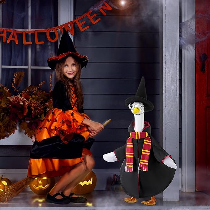 4 Pcs/Set Halloween Witch Goose Outfits, Lawn Porch Goose Statue Wizard Costume, Garden Goose Witches Clothes with Hat Scarf Glasses for 23" Statue Halloween Fall Christmas Outdoor Patio Yard Decor