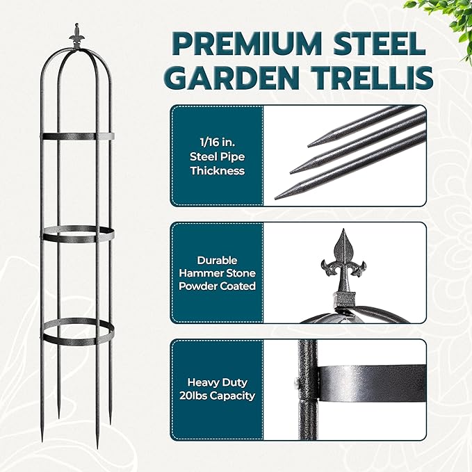 Idzo Trellis for Climbing Plants Outdoor, Garden Trellis Steel, Obelisk Design Stone Coated, 72 in Upgrade 2025, Vertical Support for Climbing Plants, Decorative for Outdoor & Indoor Use